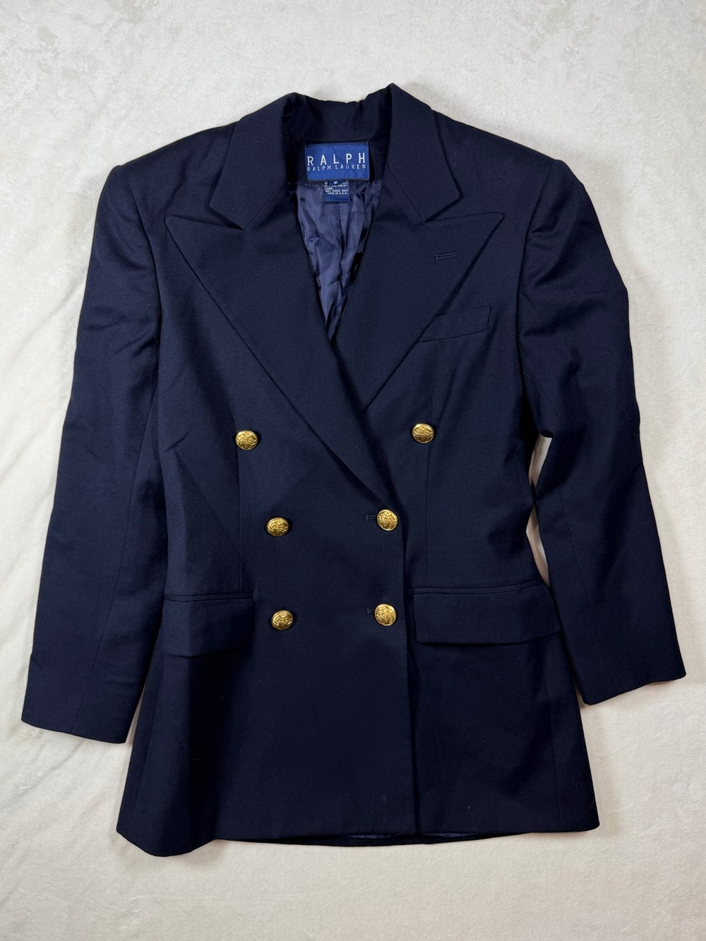 Vintage Ralph Lauren Size 2 Made in USA Navy Double-Breasted Blazer Gold Button